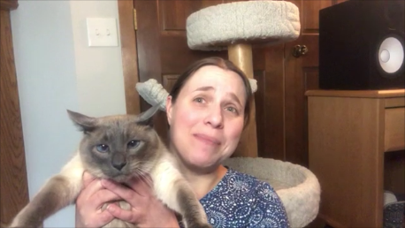 A woman holding a siamese cat in front of a cat tree.