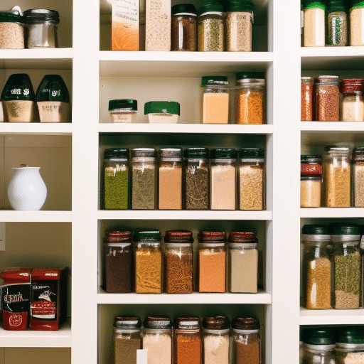 Jars of spices on shelves in a kitchen.