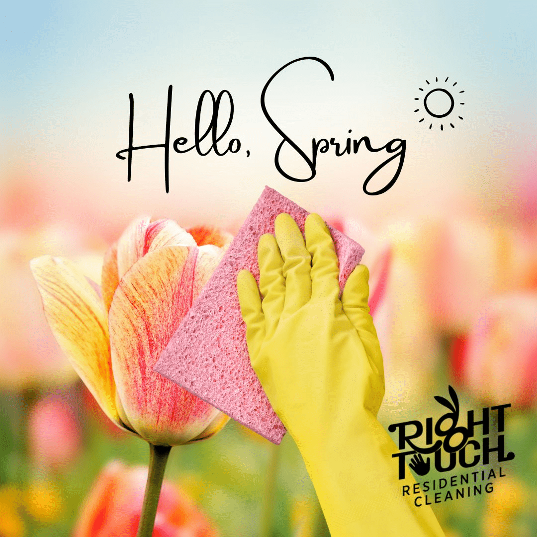 A hand holding a yellow glove with the words hello spring.