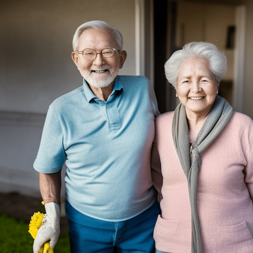 An elderly couple standing outside their home.