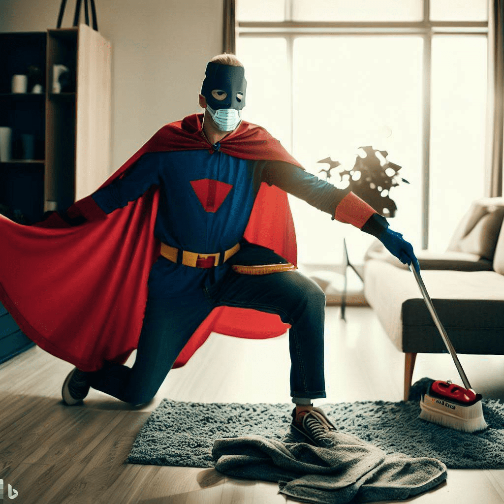 A man in a superhero costume cleaning a living room.
