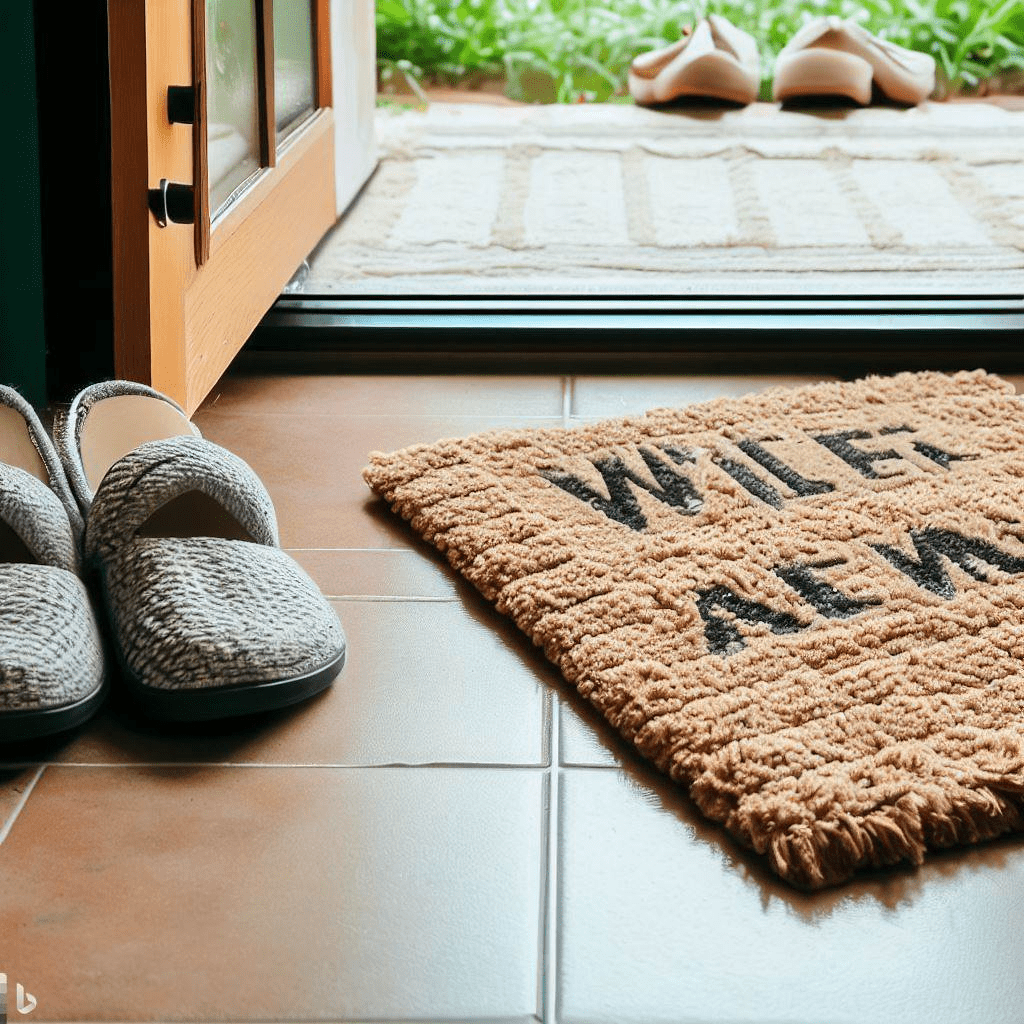 A welcome mat with a pair of slippers next to it.