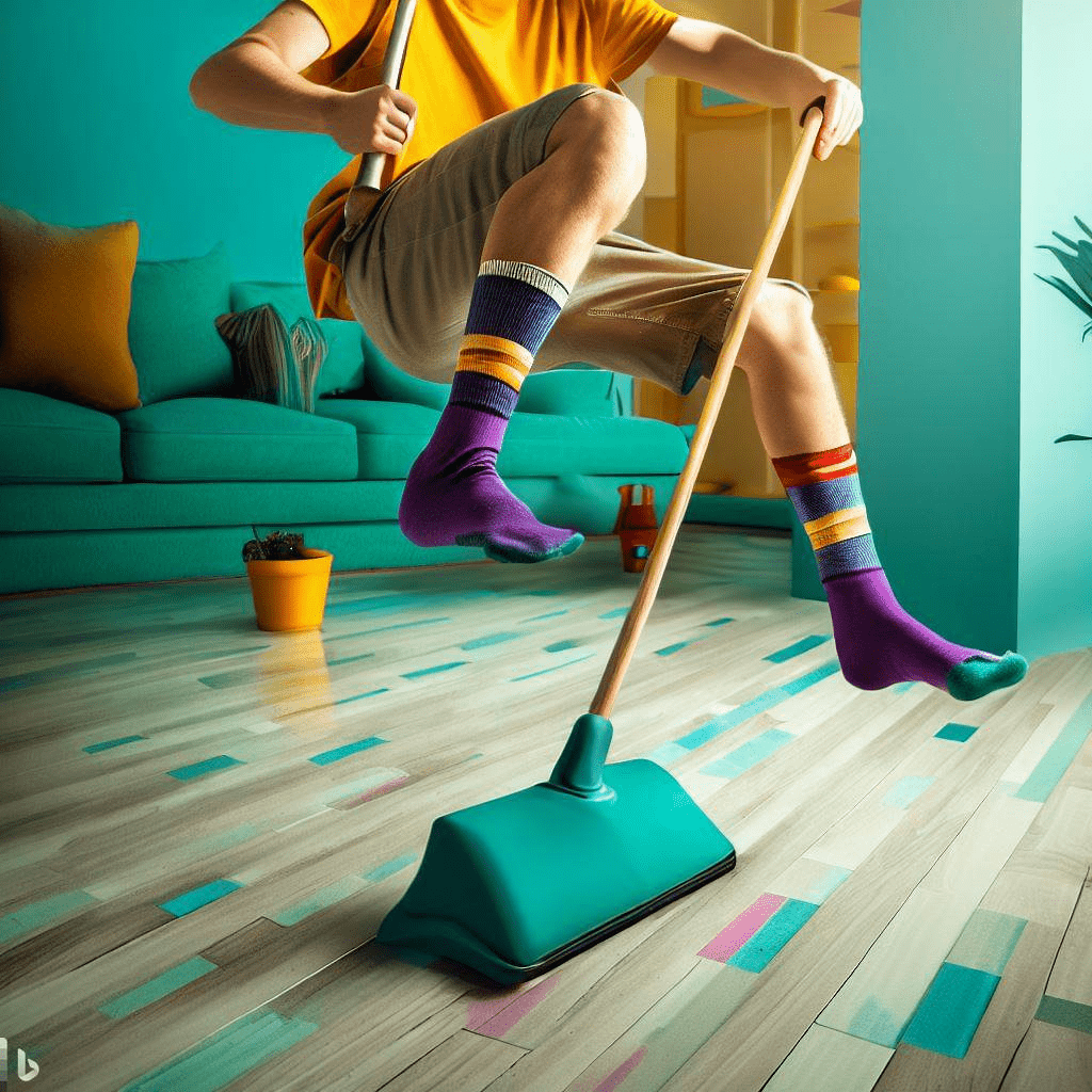 A man is mowing the floor with a broom.