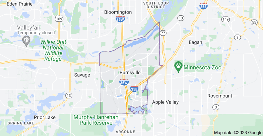 A map showing the location of Minneapolis, Minnesota, along with house cleaning services in Burnsville.