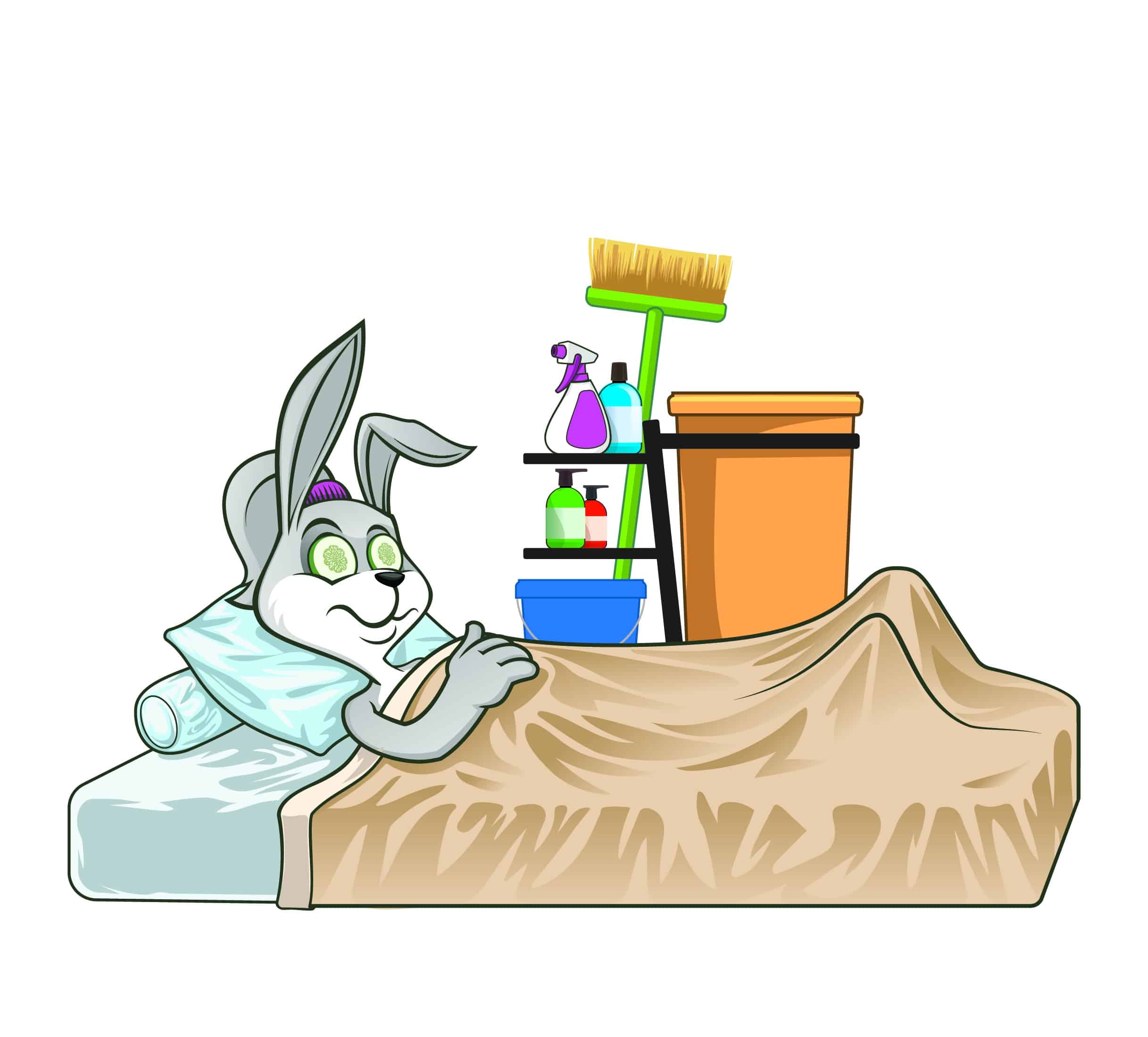 A cartoon bunny laying in bed with a broom and cleaning supplies.