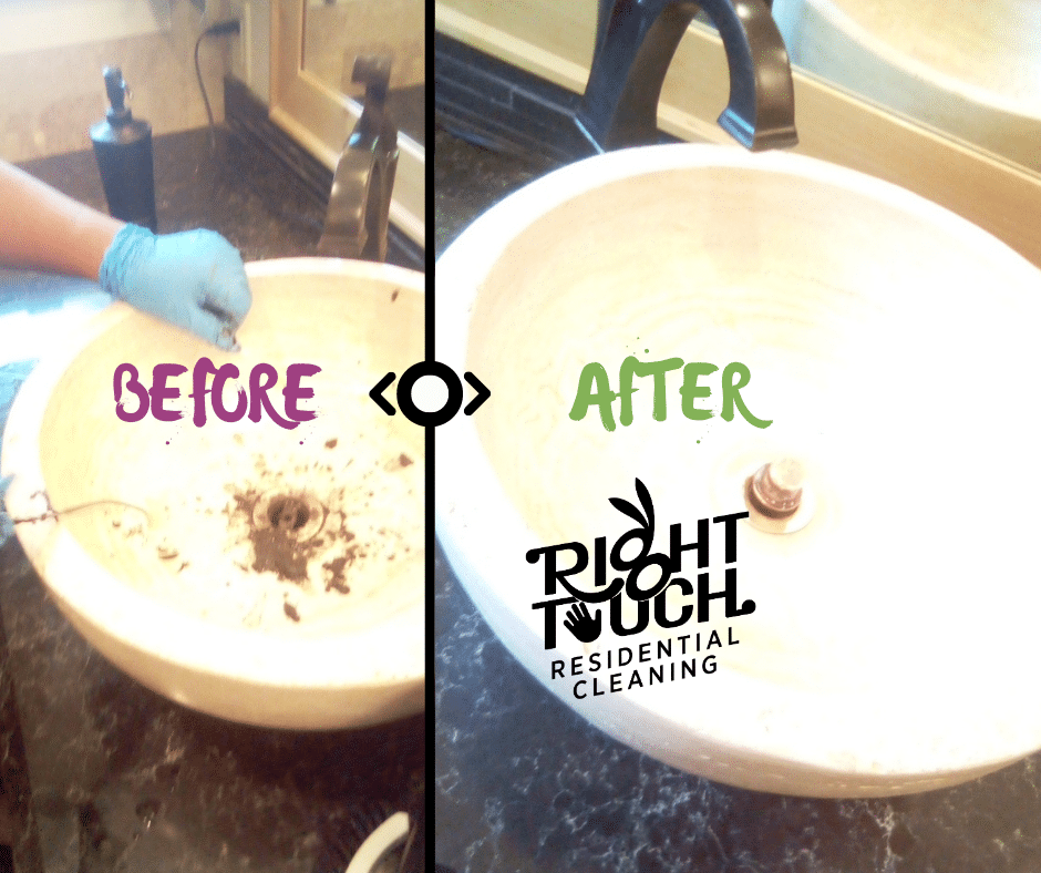 Before and after cleaning a bathroom sink