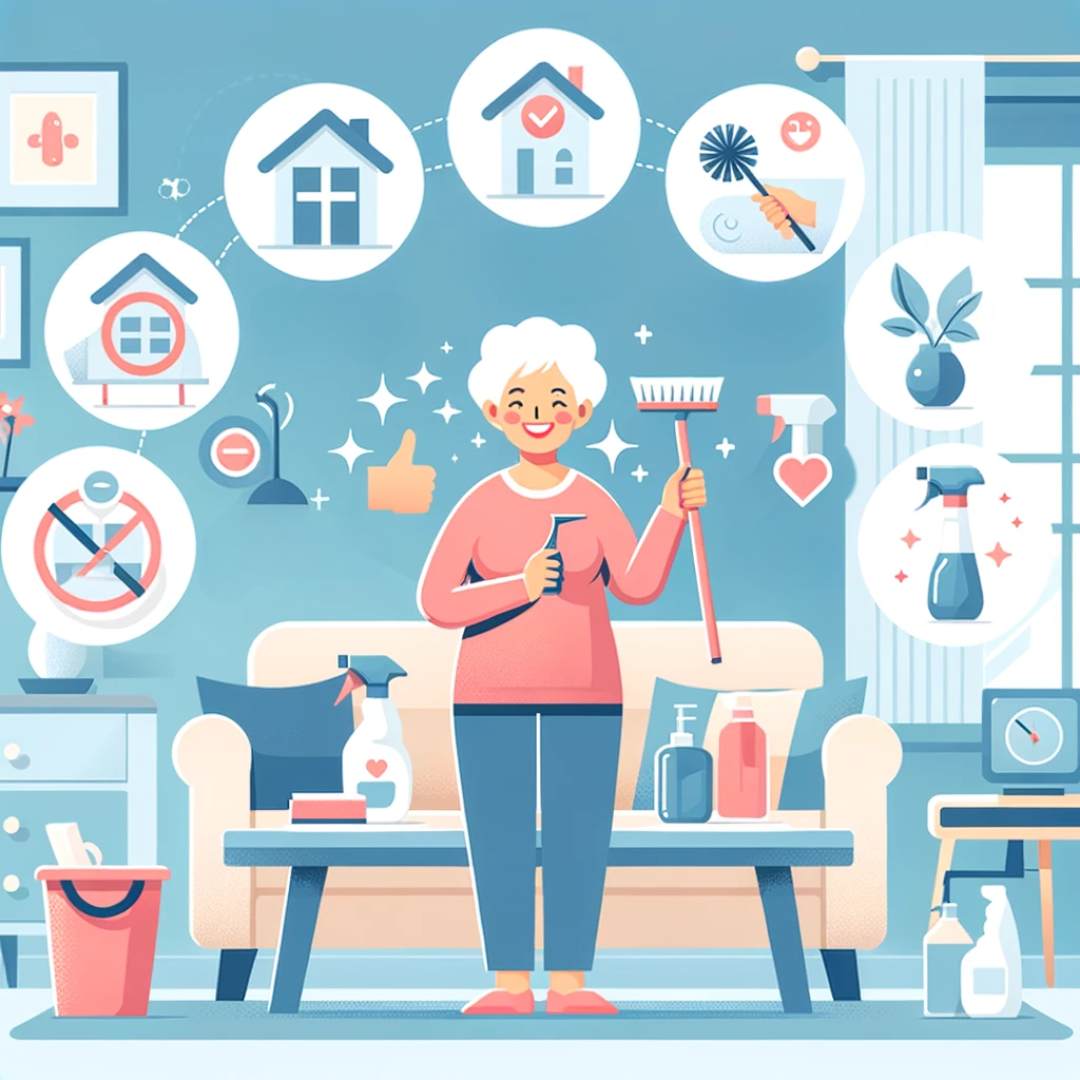 Elderly person engaging in house cleaning tasks, using lightweight tools in a bright home environment.