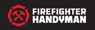 Firefighter Handyman logo with red hammers crossed in red with a black background