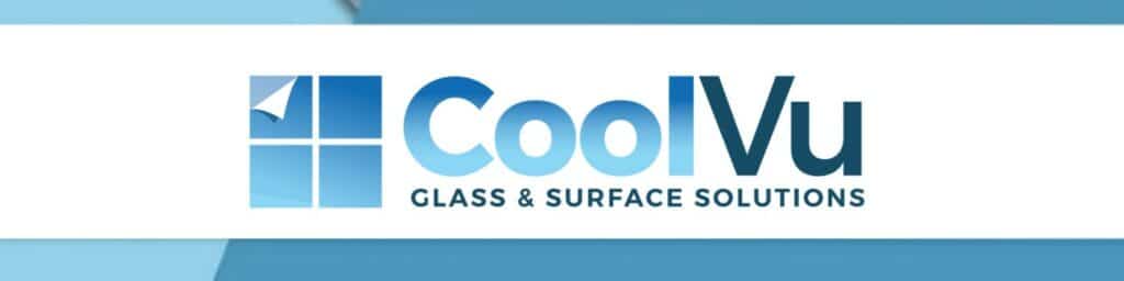 Business logo showing four blue boxes forming a window pain with the text CoolVu - glass and surface solutions