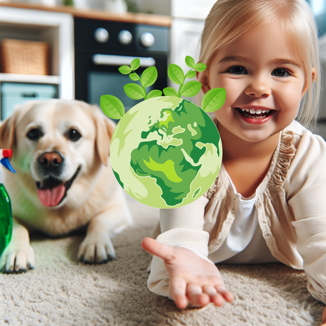 Smiling girl with her happy dog laying on the carpet and reaching toward a green Earth graphic