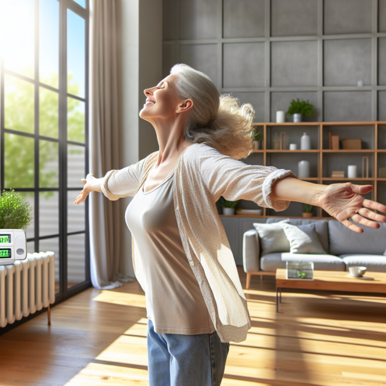 Older woman spinning around with arms wide in her home enjoying fresh air quality