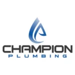 Champion Plumbing logo with stylized blue flame graphic