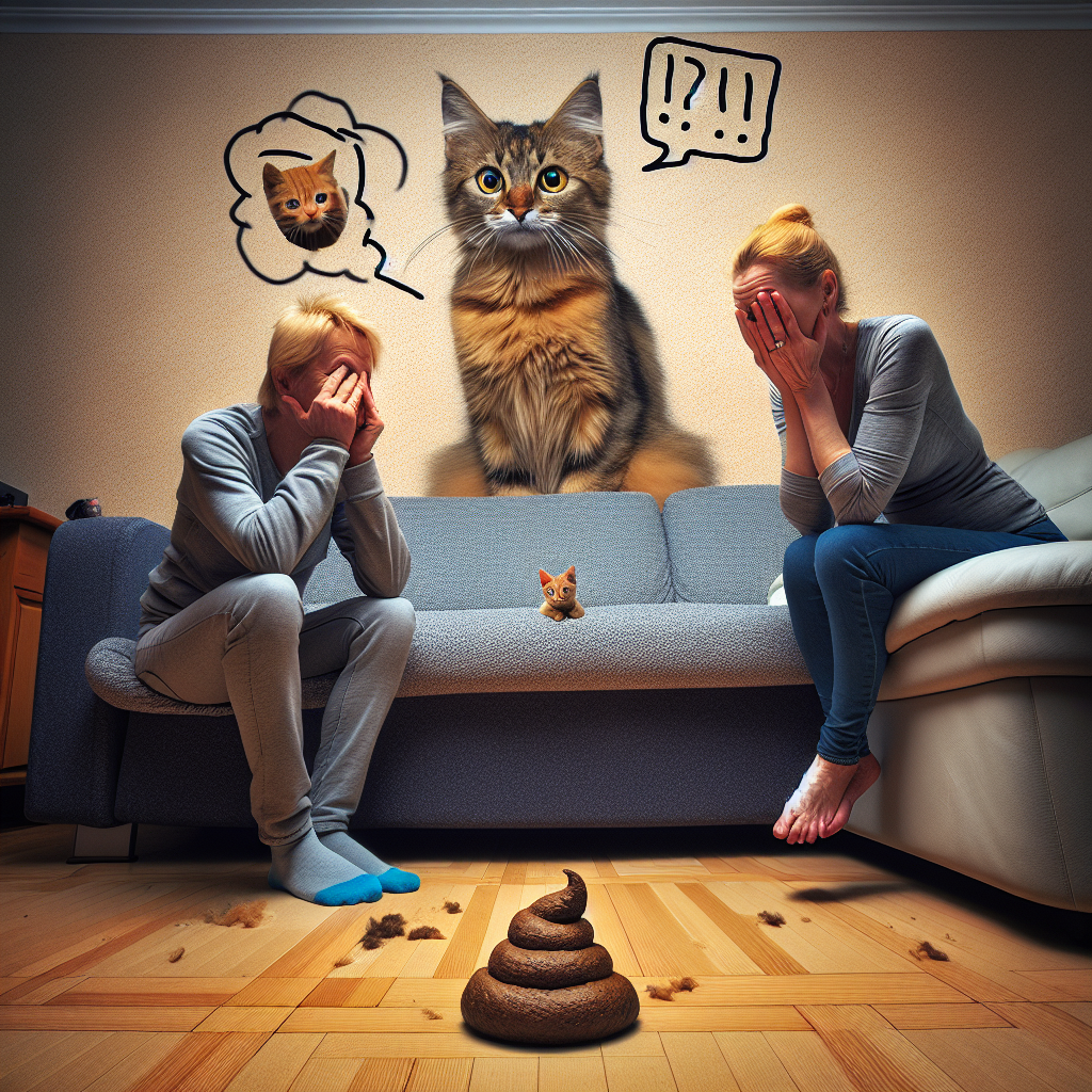 A man and woman sitting on the couch with their heads in their hands over the large pile of cat poop on the floor. Cat sitting nearby has a thought bubble blaming a different cat.