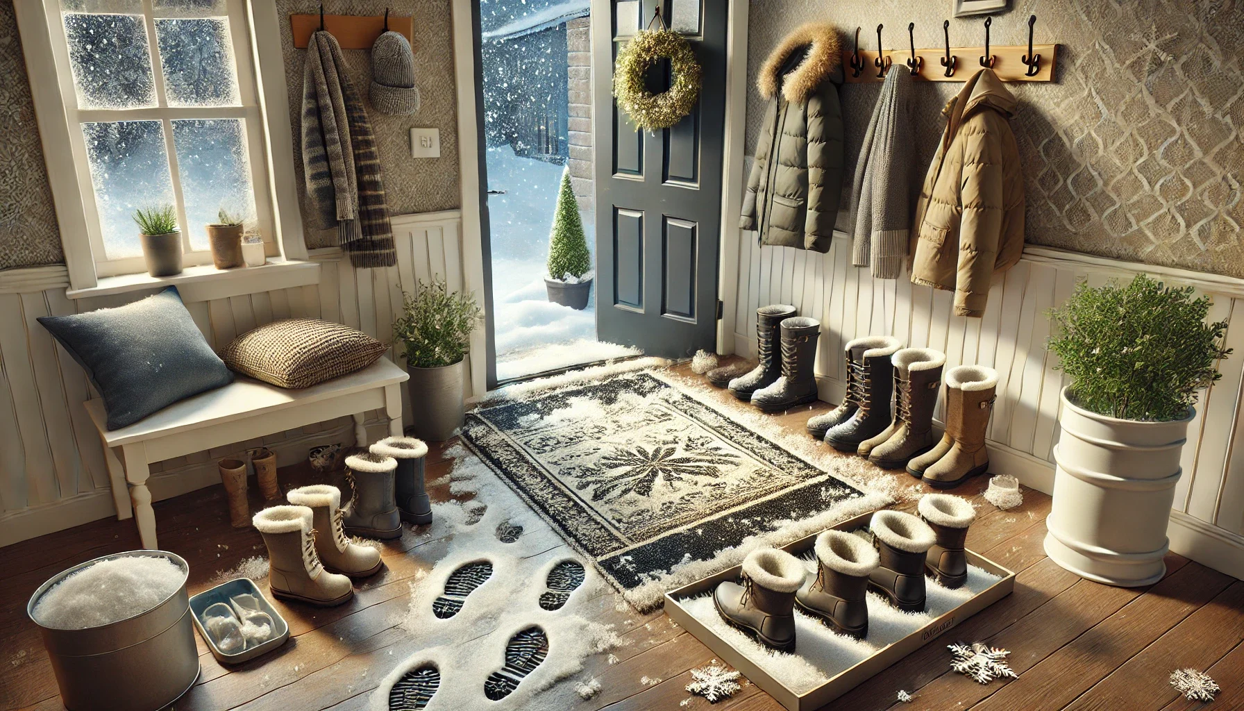 Winter home entryway with boots in trays