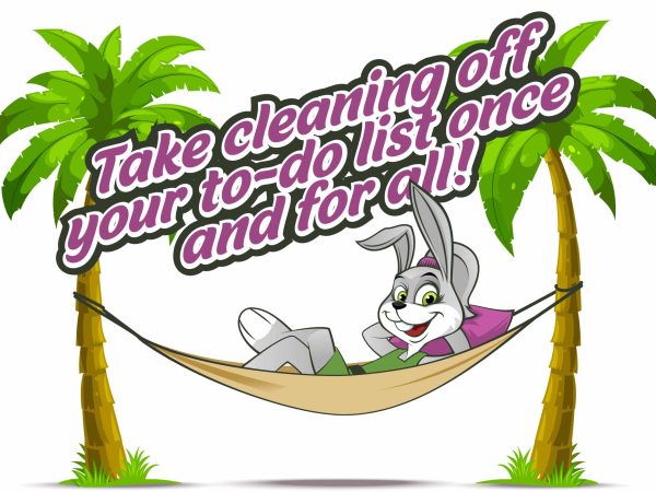 A bunny in a hammock with the words take cleaning off your to do list once.
